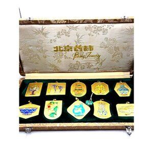 VTG Peking Enamel Pendants from the 1960s - 70s complete set of 10 in silk case